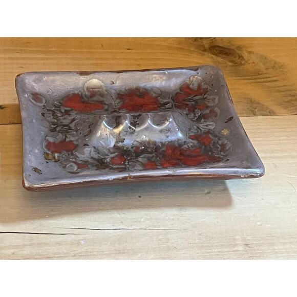 Vintage Ceramic Ashtray. Marbled Look. Grey/Red. Rectangle. 6x5. Bar Decor Retro - Picture 1 of 8